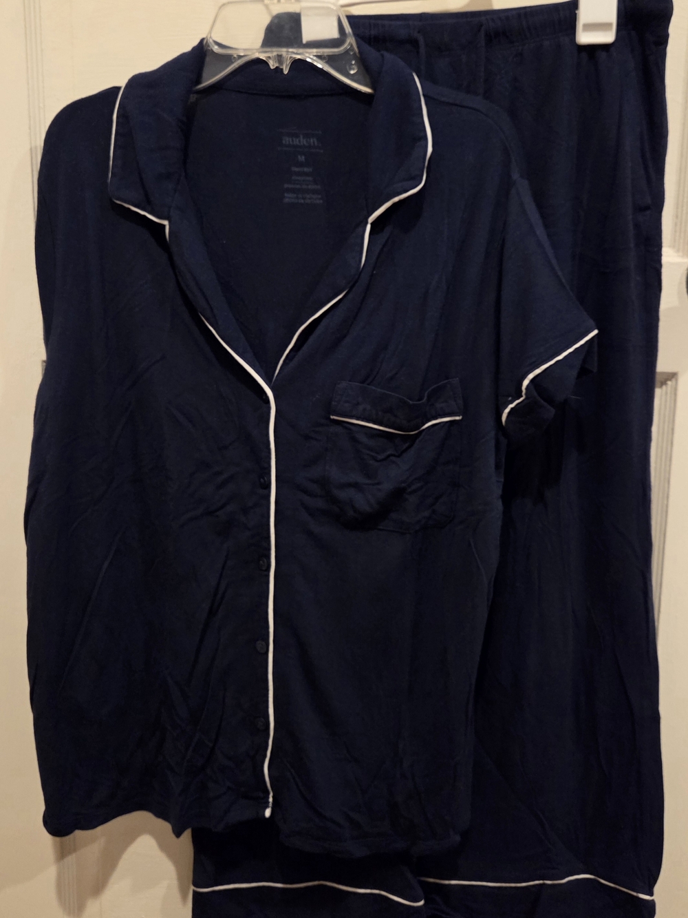 Navy Button-Up Pajama Set with White Piping